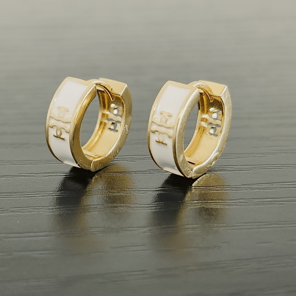 Tory Burch Gold and White Logo Hoop Earrings - Picture 6 of 6